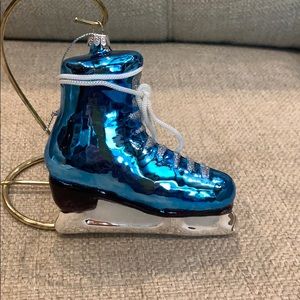 Blue Glass Ice Skate w Lace Bow Tie 5” Ornament
